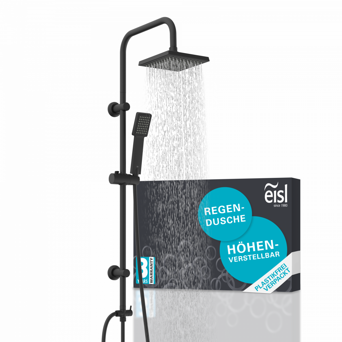 Schwarzes Duschsystem mit eckigem Regenduschkopf, Handbrause und Verpackung im Hintergrund.