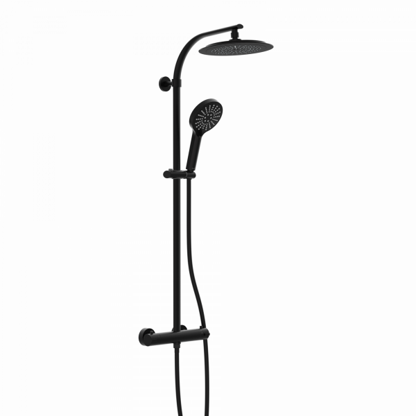 Schwarzes Duschsystem mit runder Kopfbrause, Handbrause, Thermostat und verstellbarer Stange.
