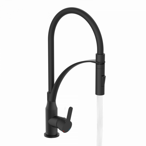 Schwarze Küchenarmatur mit hohem Auslauf, Einhebelgriff und fließendem Wasserstrahl.