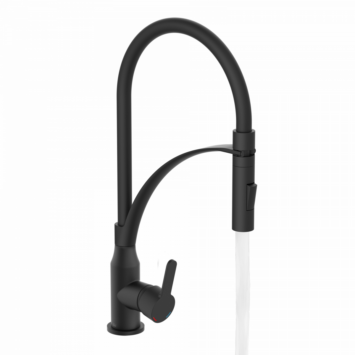 Schwarze Küchenarmatur mit hohem Auslauf, Einhebelgriff und fließendem Wasserstrahl.