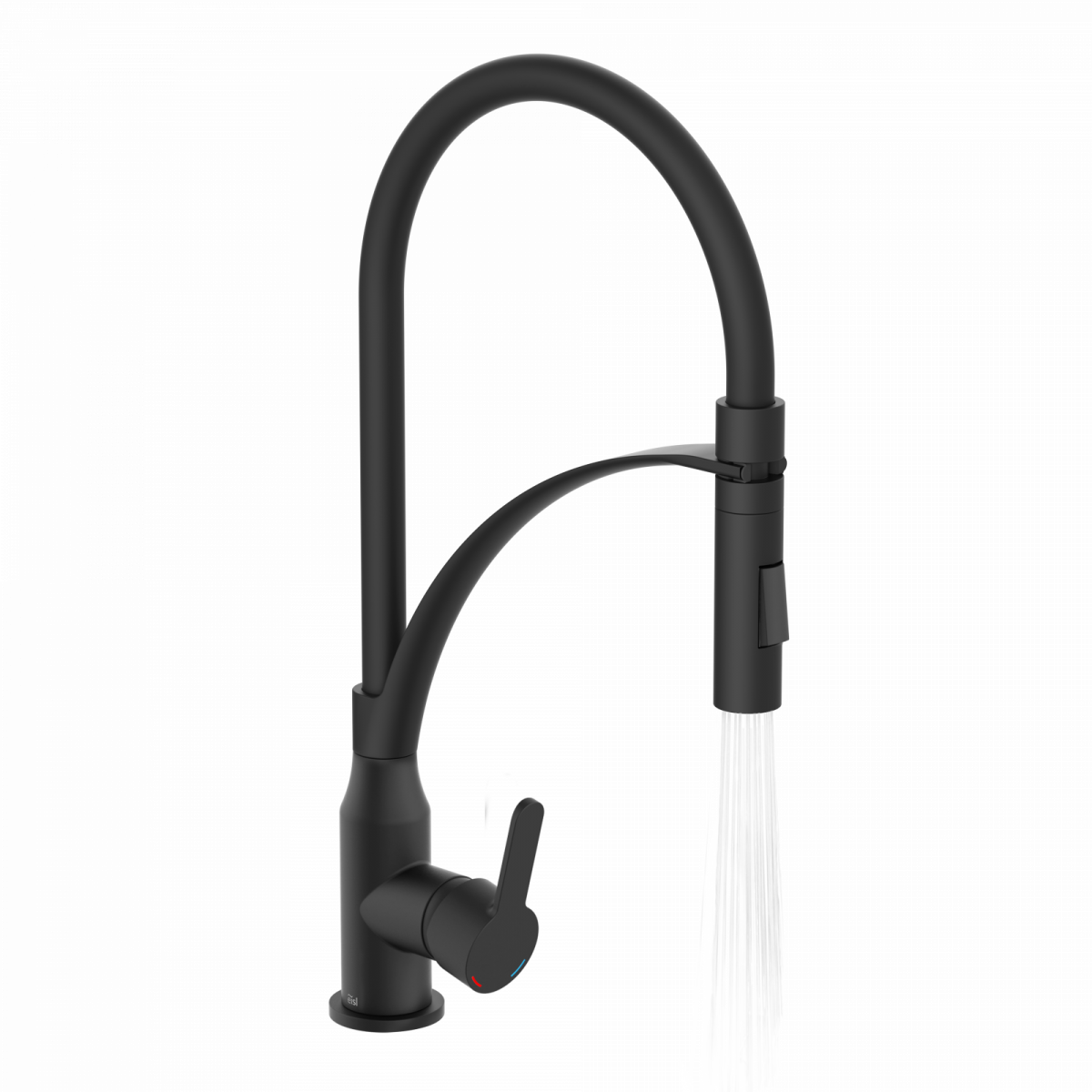 Schwarze Küchenarmatur mit hohem flexiblem Auslauf und Handbrause im laufenden Wasserstrahl.