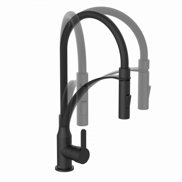 Schwarze Küchenarmatur mit flexiblem, schwenkbarem Auslauf und seitlichem Hebelgriff.