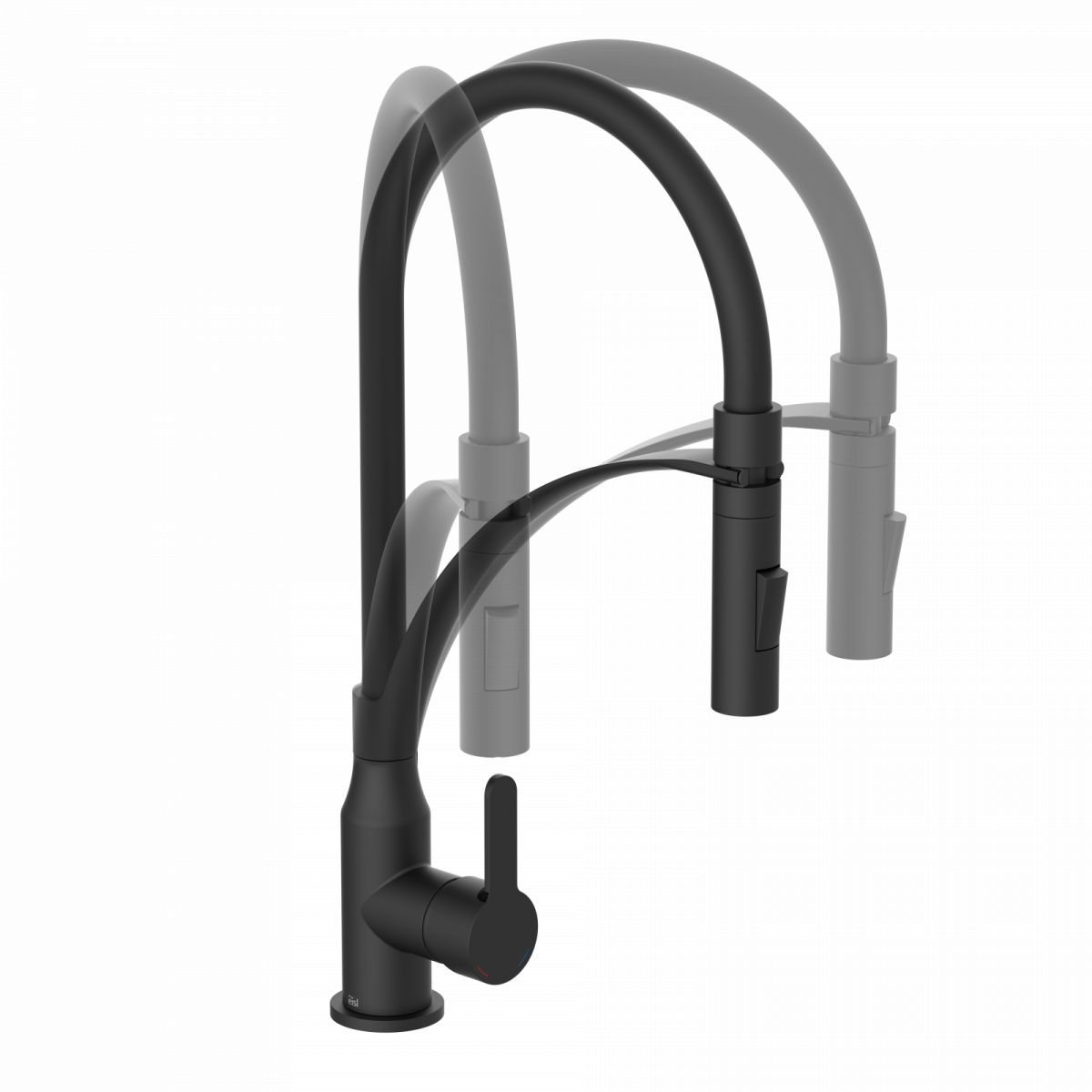 Schwarze Küchenarmatur mit flexiblem, schwenkbarem Auslauf und seitlichem Hebelgriff.