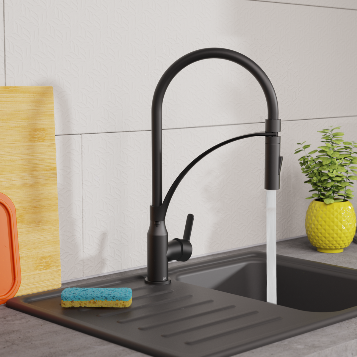 Schwarze Küchenarmatur mit Wasserstrahl und hohem flexiblem Auslauf