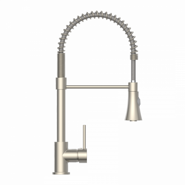 Küchenarmatur aus Metall mit flexiblen Federhals und seitlichem Hebelgriff.
