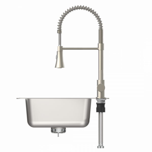 Edelstahlspüle mit hohem Federhals-Wasserhahn und flexiblem Brauseschlauch.