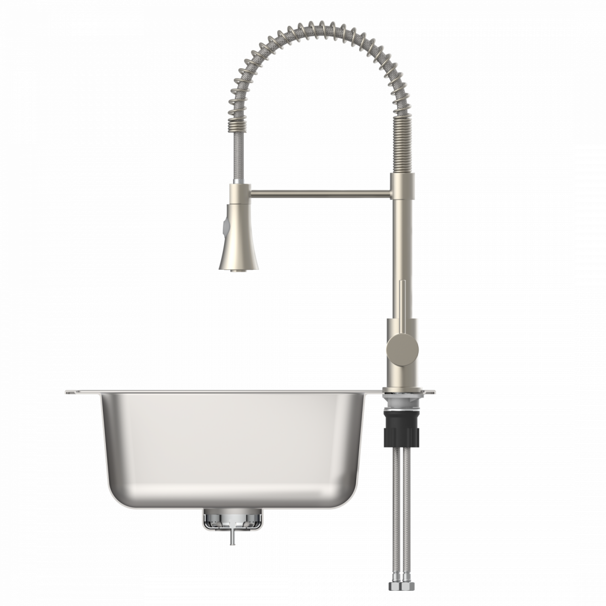 Edelstahlspüle mit hohem Federhals-Wasserhahn und flexiblem Brauseschlauch.