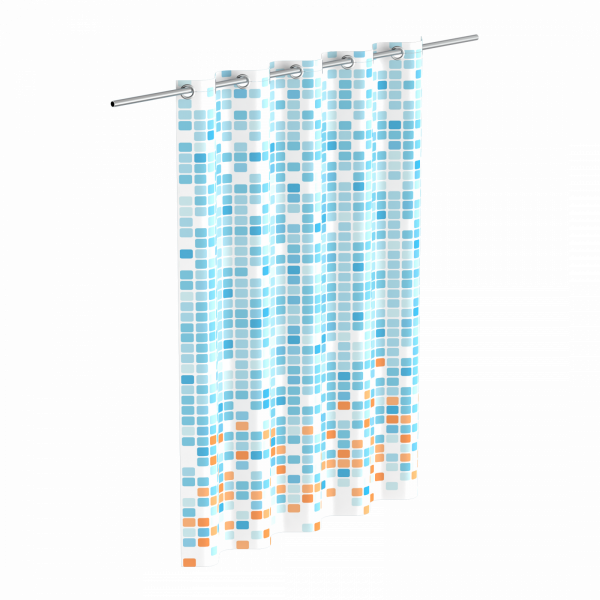 Duschvorhang mit quadratischem Muster in Blau-, Grau- und Orangetönen auf weißem Hintergrund.