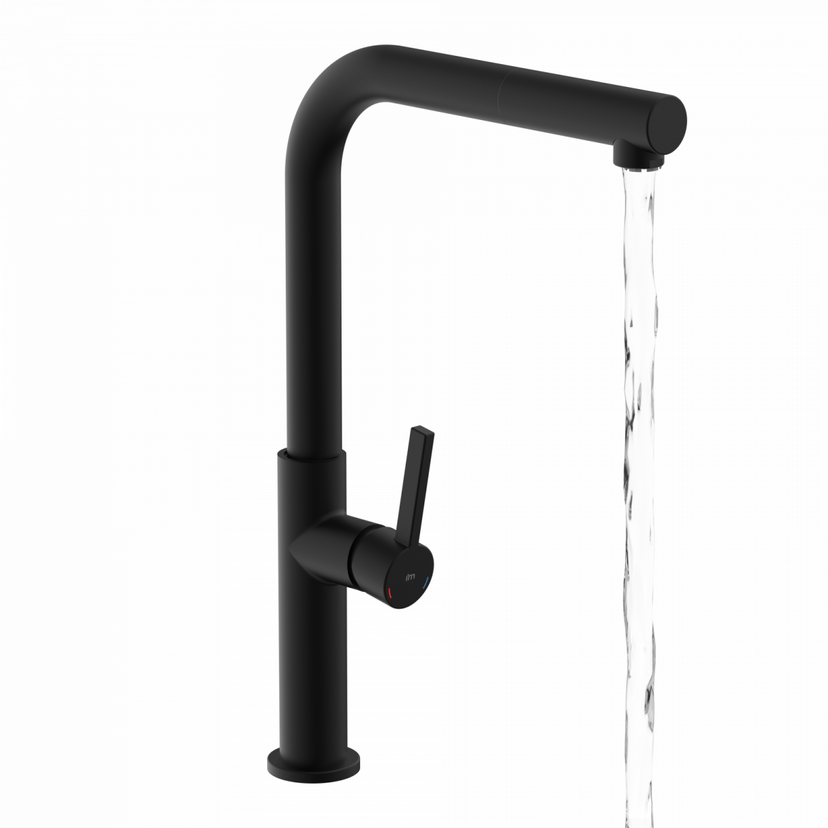Schwarze Küchenarmatur mit hohem Auslauf und seitlichem Hebel, auslaufendes Wasser.