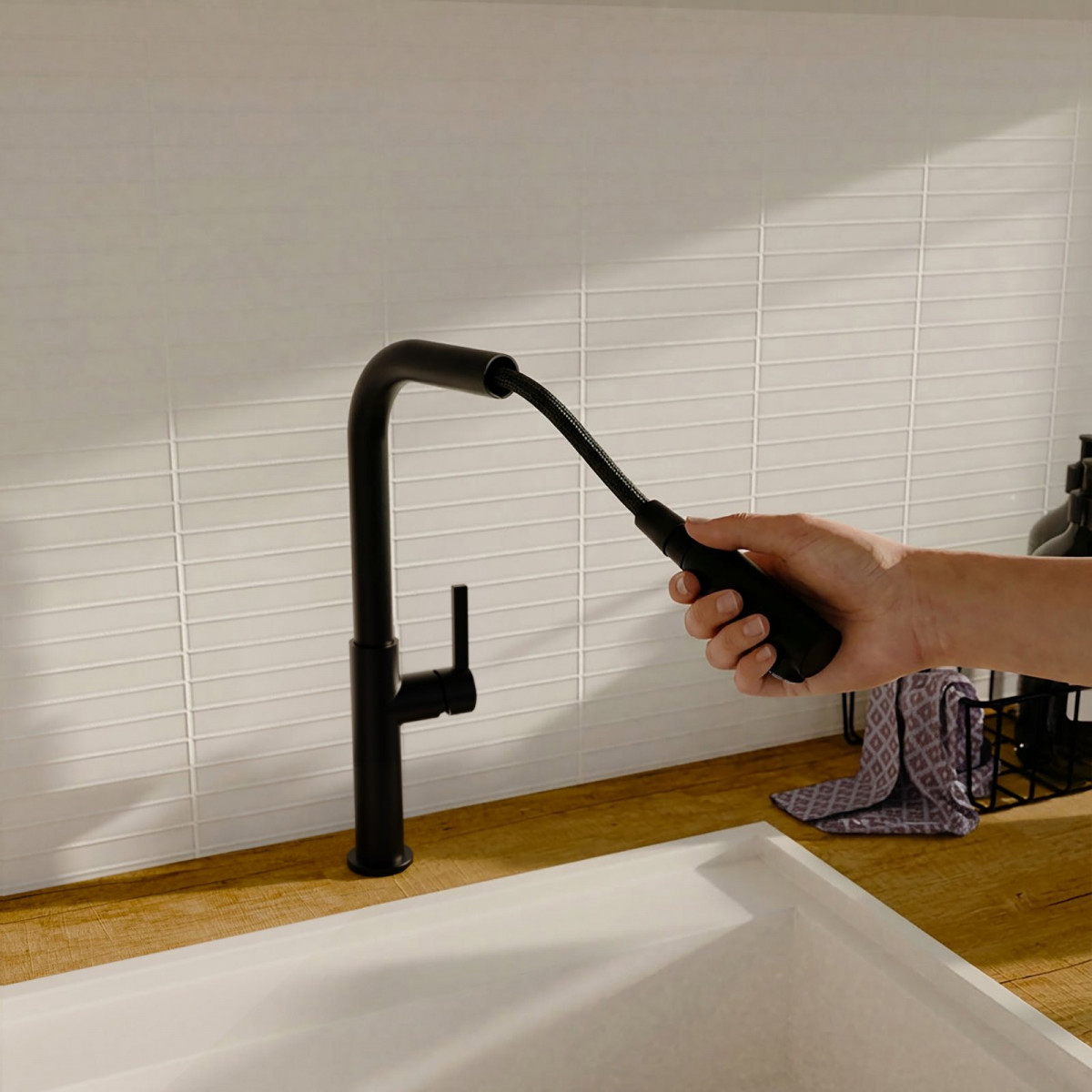 Hand zieht schwarzen flexiblen Auslauf einer Küchenarmatur über weißem Waschbecken heraus.