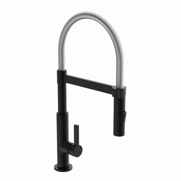 Schwarze Küchenarmatur mit flexiblem silbernem Auslauf und seitlichem Hebelgriff.
