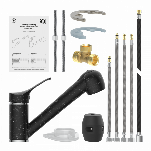 Schwarze Küchenarmatur mit Einhebelgriff, Anschlussschläuchen, Montagematerial und Anleitung.