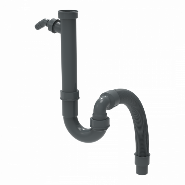 Schwarzer Siphon aus Kunststoff mit senkrechtem Rohr und flexiblem Ablaufschlauch.