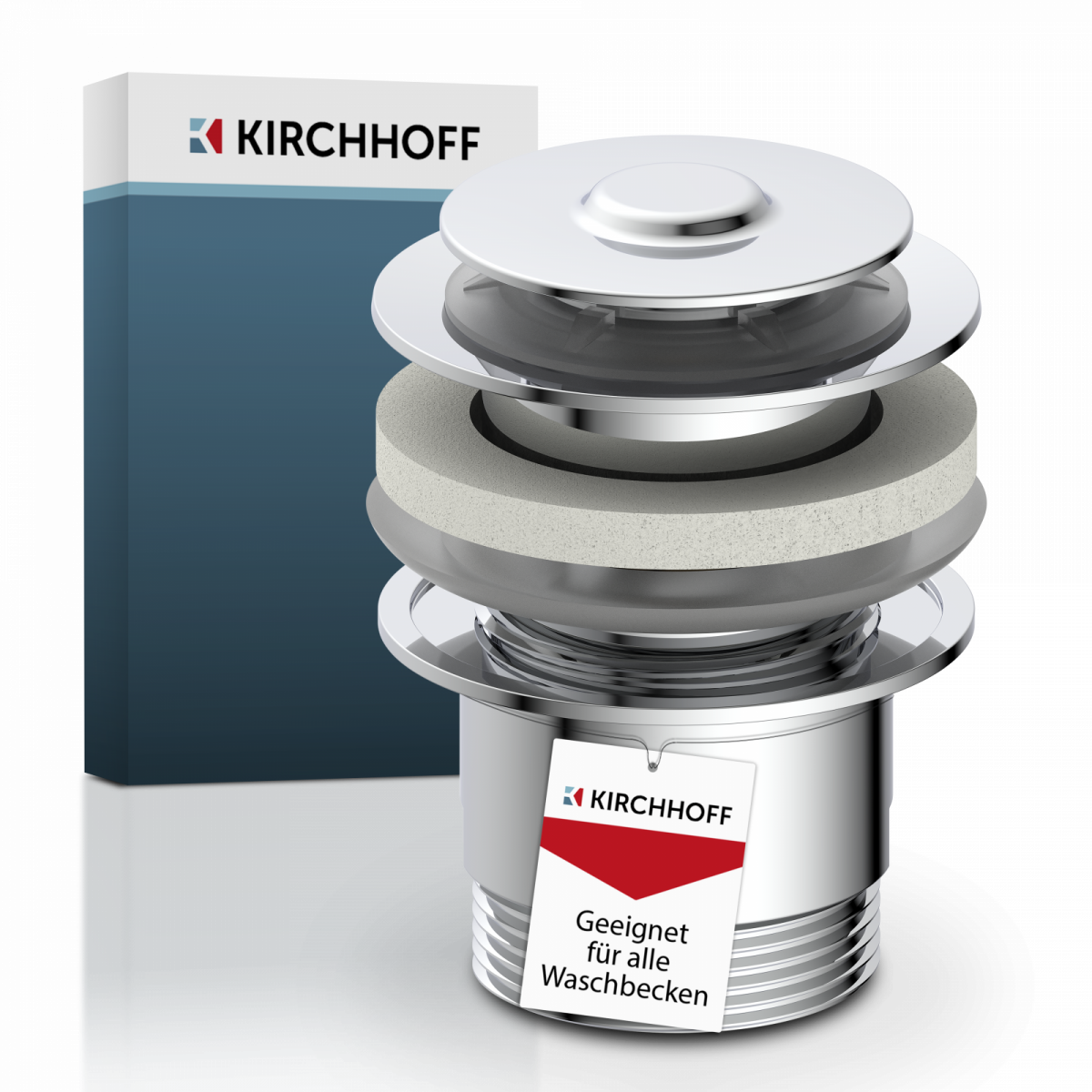 Chromfarbene Ablaufgarnitur mit Dichtungsringen und Verpackung im Hintergrund - Kirchhoff.