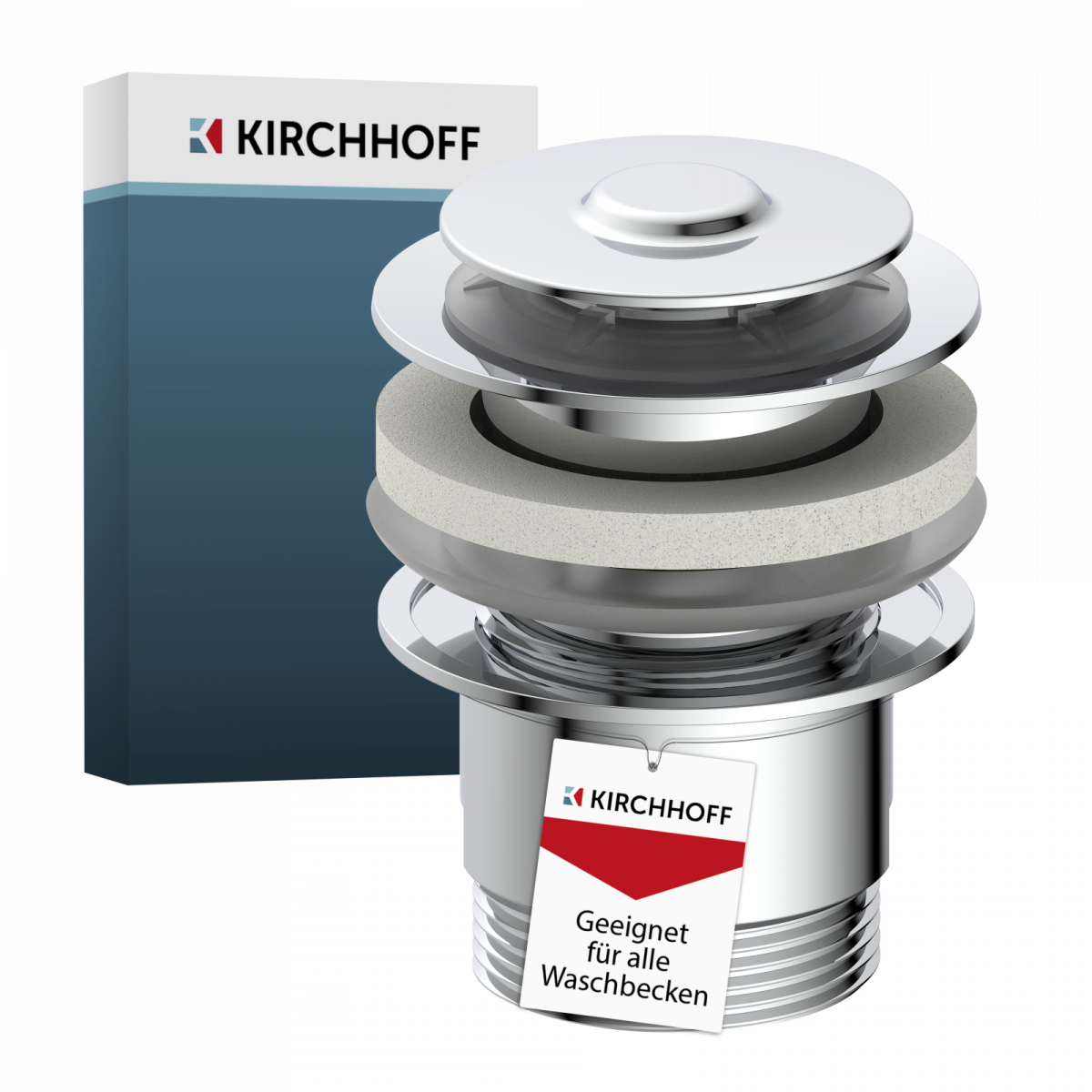 Verchromter Ablaufverschluss mit Dichtung und Etikett vor Verpackung - KIRCHHOFF.