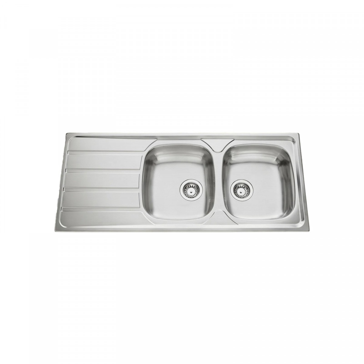 Edelstahlspüle mit zwei Becken und Ablauffläche auf der linken Seite.