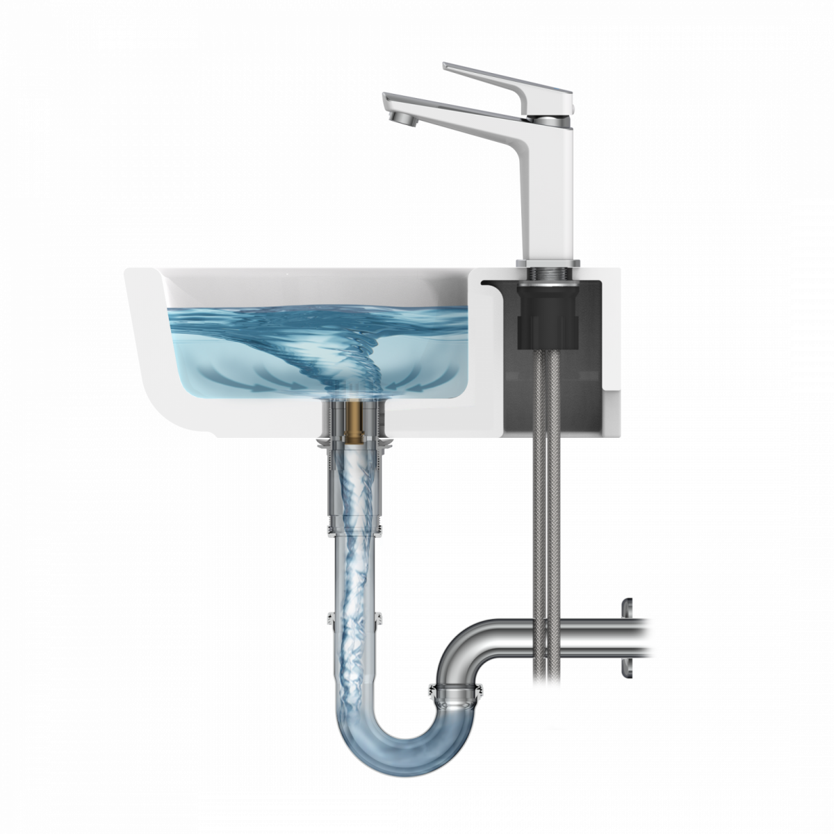 Querschnitt eines Waschbeckens mit Wasserwirbel und sichtbarem Abflussrohrsystem.
