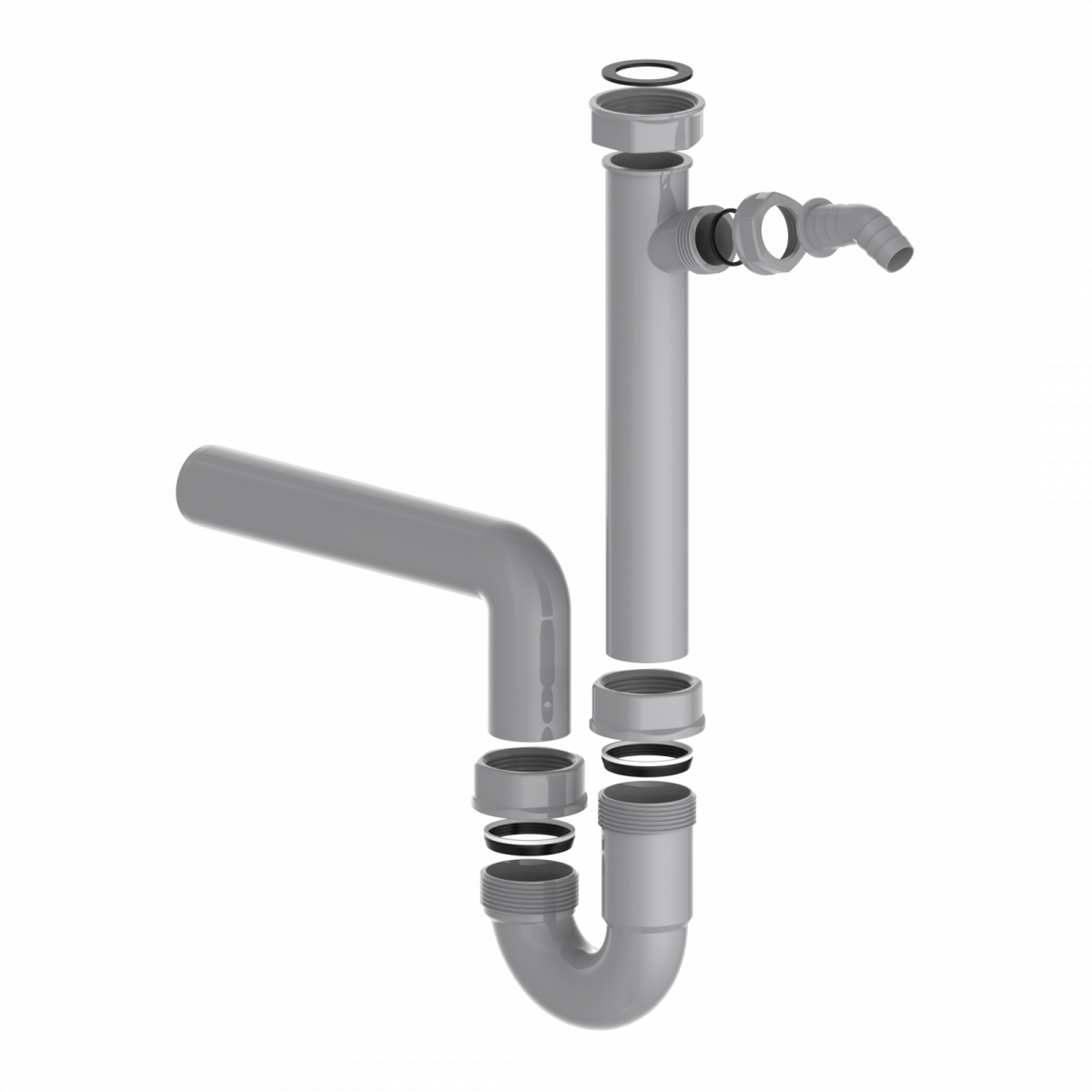 Grau dargestelltes Siphon-Set mit Rohr, Bogen, Dichtungen und Verschraubungen in Explosionsansicht.