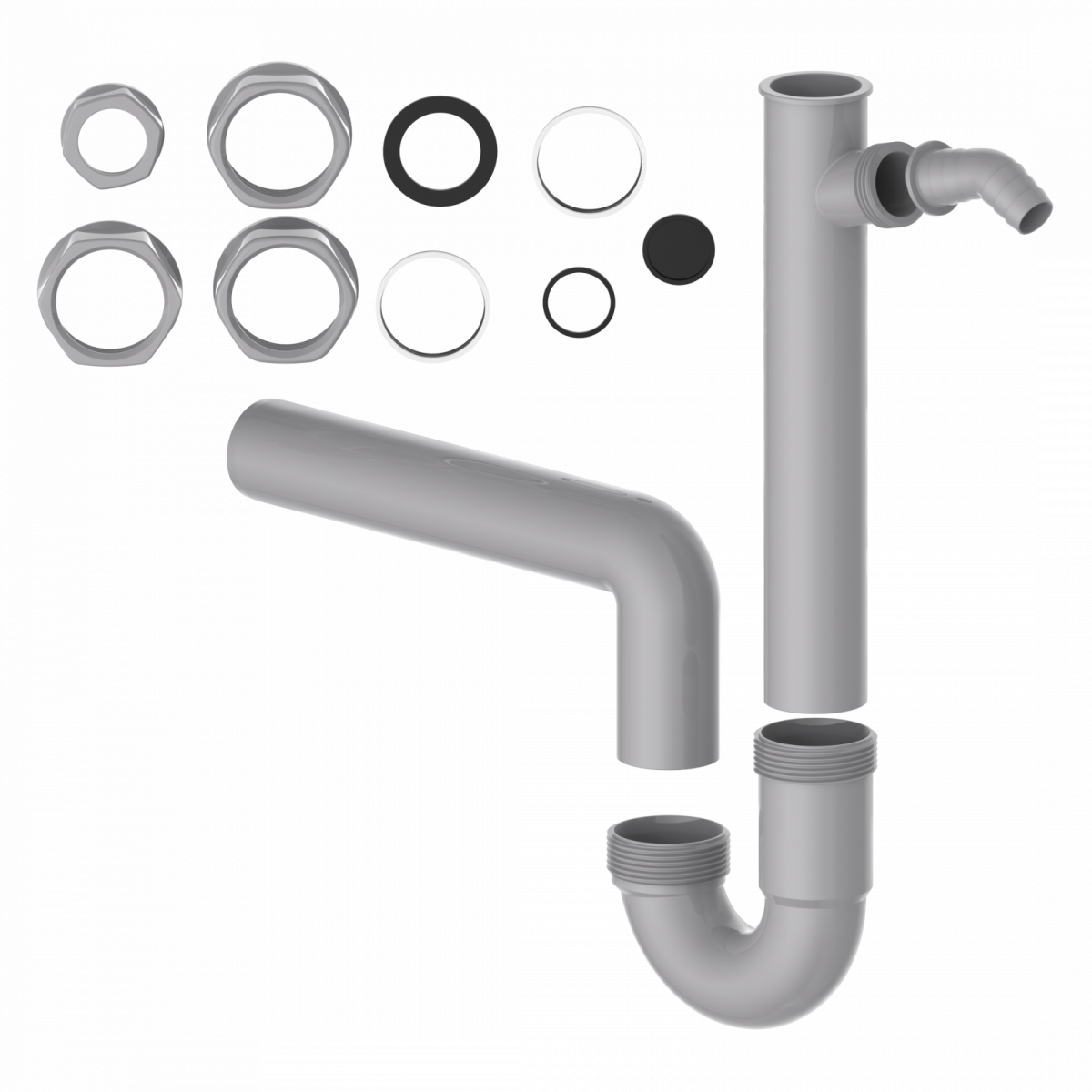 Graues Siphon-Set aus Kunststoff mit gebogenen Rohrteilen und mehreren Dichtungsringen.