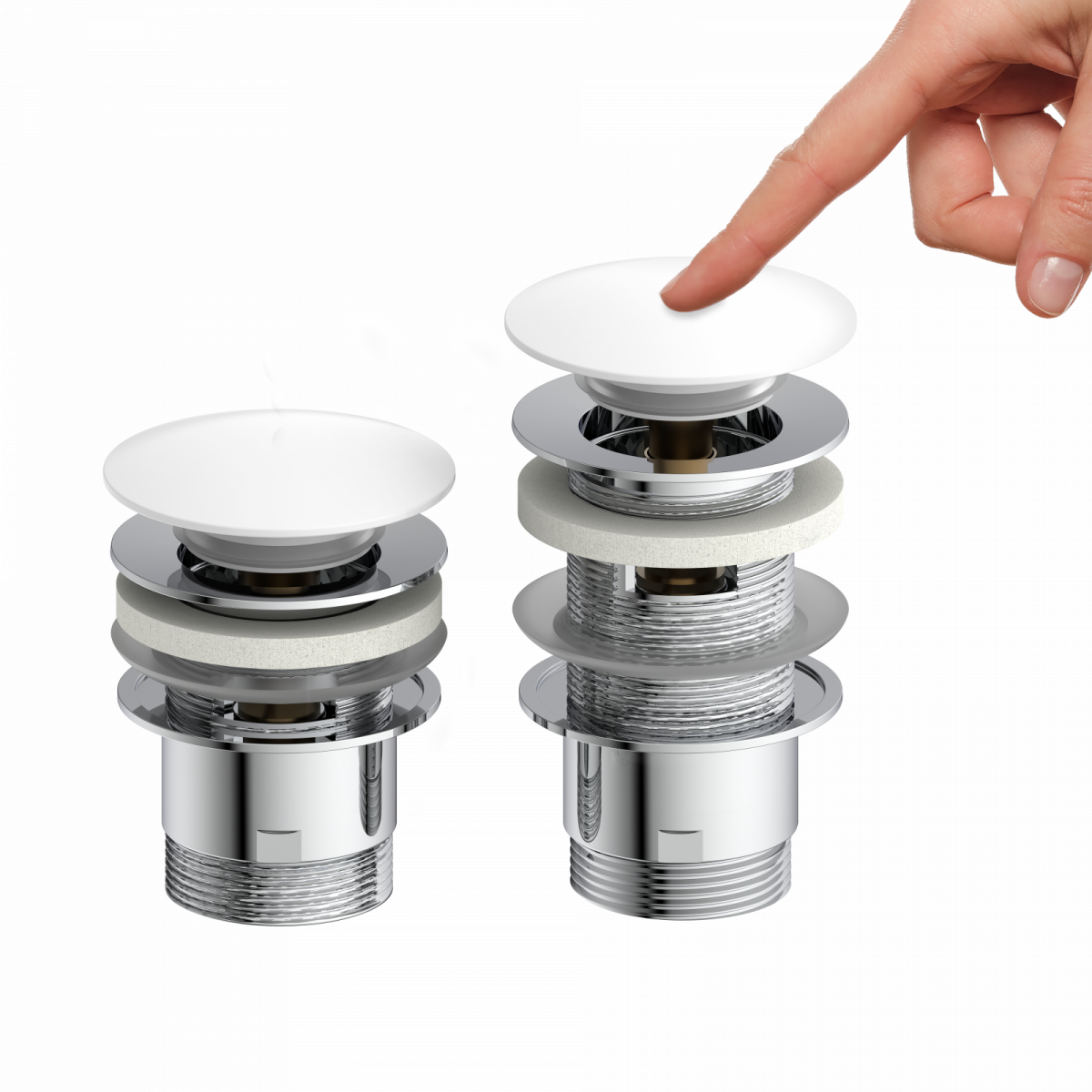 Zwei zerlegte Ablaufventile aus Metall, rechts mit Finger, der auf die obere Abdeckung drückt.