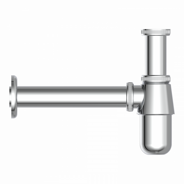 Verchromter Flaschensiphon mit geradem Wandanschluss und senkrechtem Ablaufrohr.