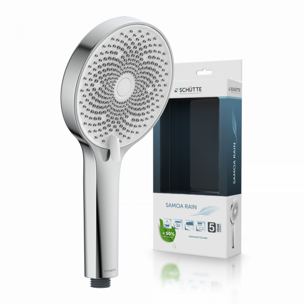 Runde Handbrause mit vielen Düsen aus Chrom vor passender Produktverpackung - Samoa Rain.