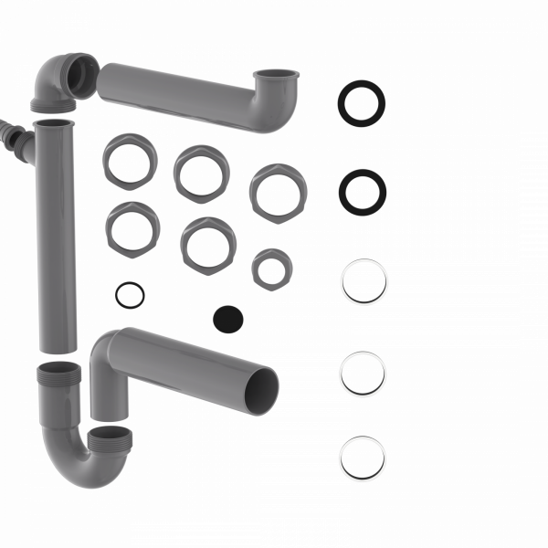 Graues Siphon-Set mit mehreren Rohrteilen, Winkeln, Muttern und Dichtungsringen.