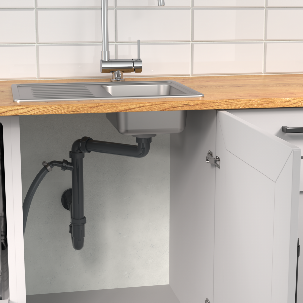 Edelstahlspüle mit Abtropffläche und Armatur, geöffneter Unterschrank mit Siphonrohr.