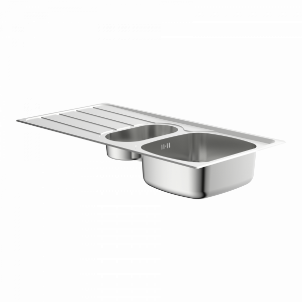Edelstahlspüle mit großem und kleinem Becken sowie seitlicher Abtropffläche.