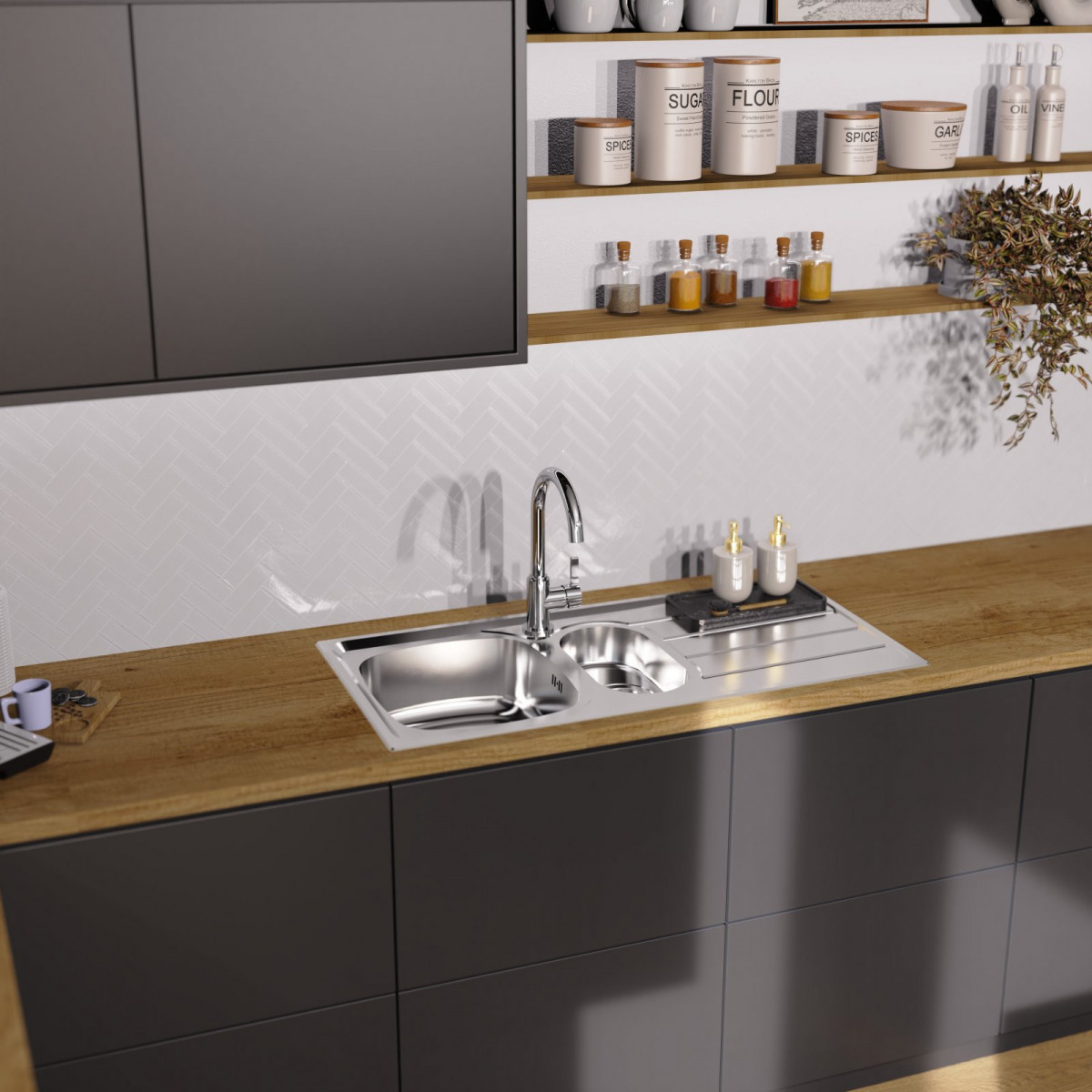 Edelstahlspüle mit Zwei-Becken und Abtropffläche in Arbeitsplatte aus Holzoptik