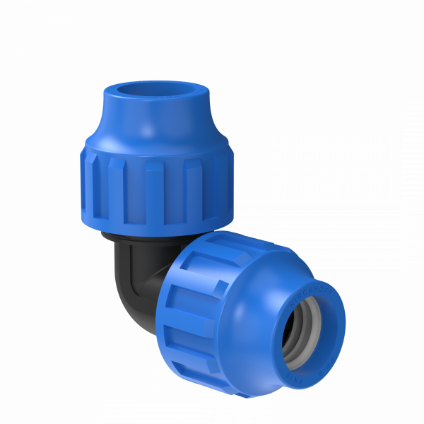 Winkelverbinder aus schwarzem Kunststoff mit zwei blauen Verschraubungen.