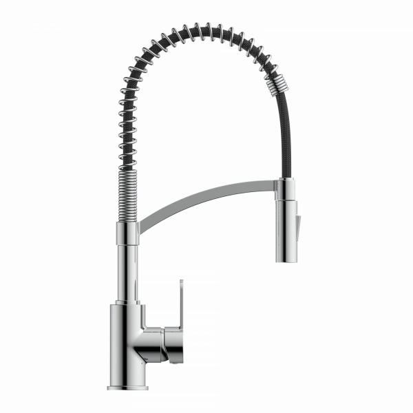 Küchenarmatur aus Metall mit flexiblem Federhals und seitlichem Bedienhebel.