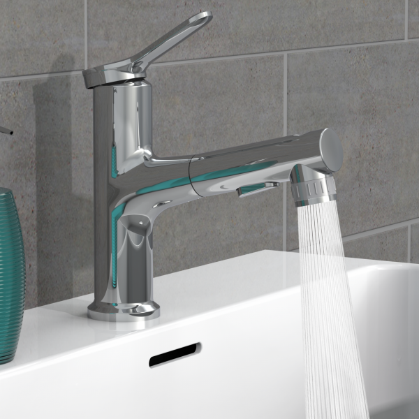 Chromfarbene Badezimmerarmatur mit seitlichem Hebelgriff, ausziehbarem Auslauf und Wasserstrahl.