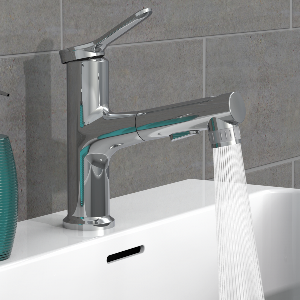 Chromfarbene Badezimmerarmatur mit seitlichem Hebelgriff, ausziehbarem Auslauf und Wasserstrahl.