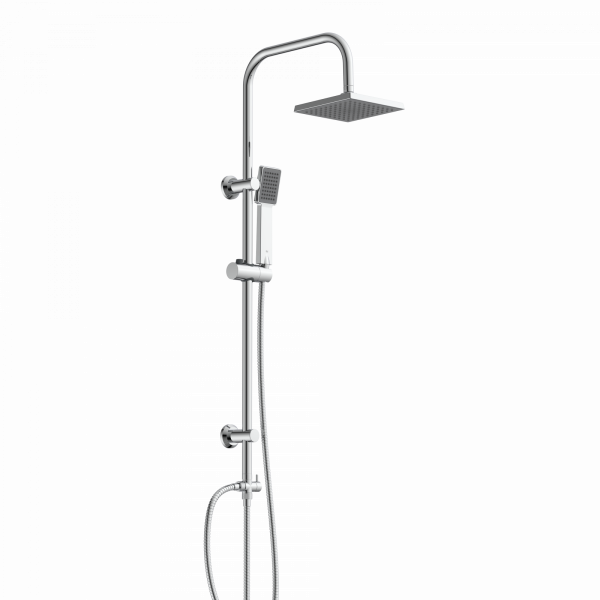 Duschsystem aus verchromtem Metall mit eckiger Kopf- und Handbrause.