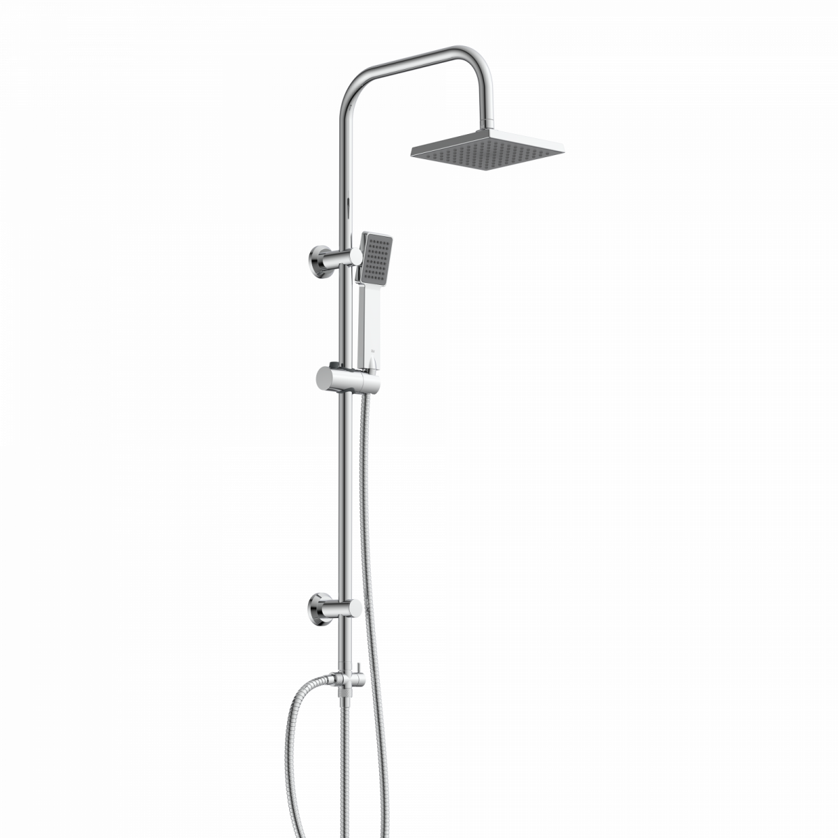 Duschsystem aus verchromtem Metall mit eckiger Kopf- und Handbrause.