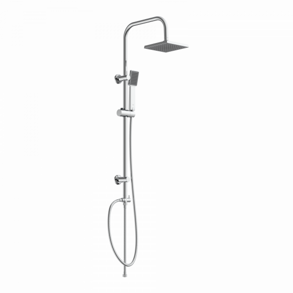 Chromfarbenes Duschsystem mit eckiger Kopfbrause, Handbrause und verstellbarer Stange.