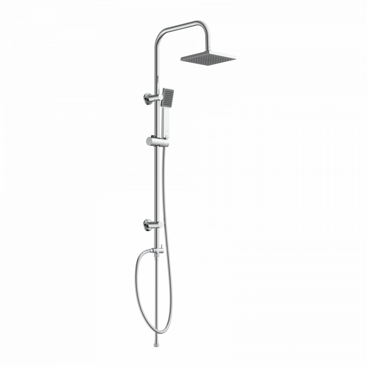 Chromfarbenes Duschsystem mit eckiger Kopfbrause, Handbrause und verstellbarer Stange.