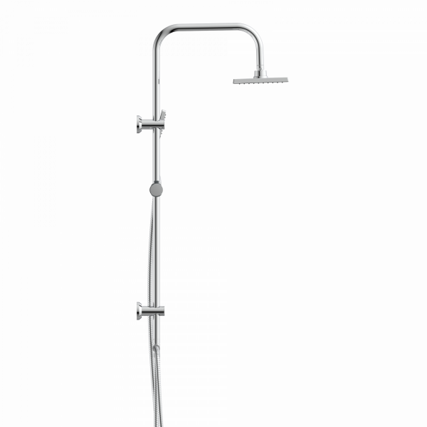 Duschsystem aus Metall mit eckigem Duschkopf, Handbrause und flexiblem Schlauch.