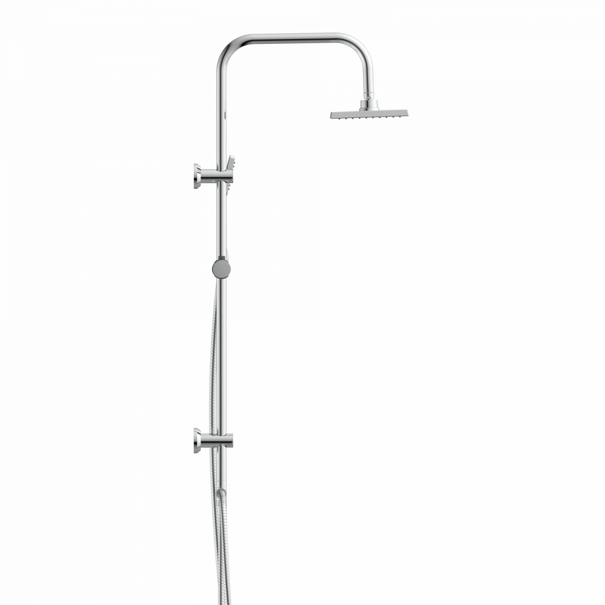 Duschsystem aus Metall mit eckigem Duschkopf, Handbrause und flexiblem Schlauch.