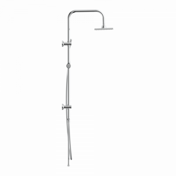Duschsystem aus verchromtem Metall mit Kopfbrause, Handbrause und verstellbarer Halterung.