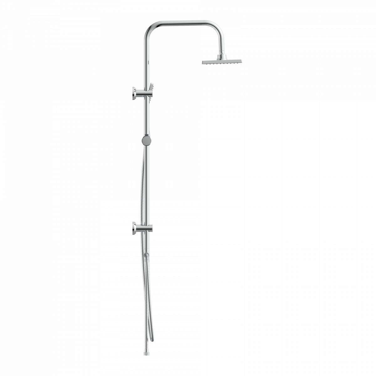 Duschsystem aus verchromtem Metall mit Kopfbrause, Handbrause und verstellbarer Halterung.