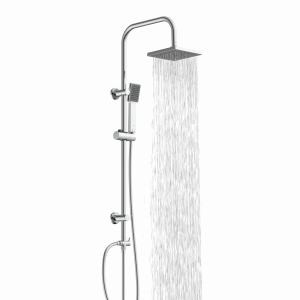 Duschsystem mit eckigem Duschkopf, Handbrause und herabfließendem Wasserstrahl.