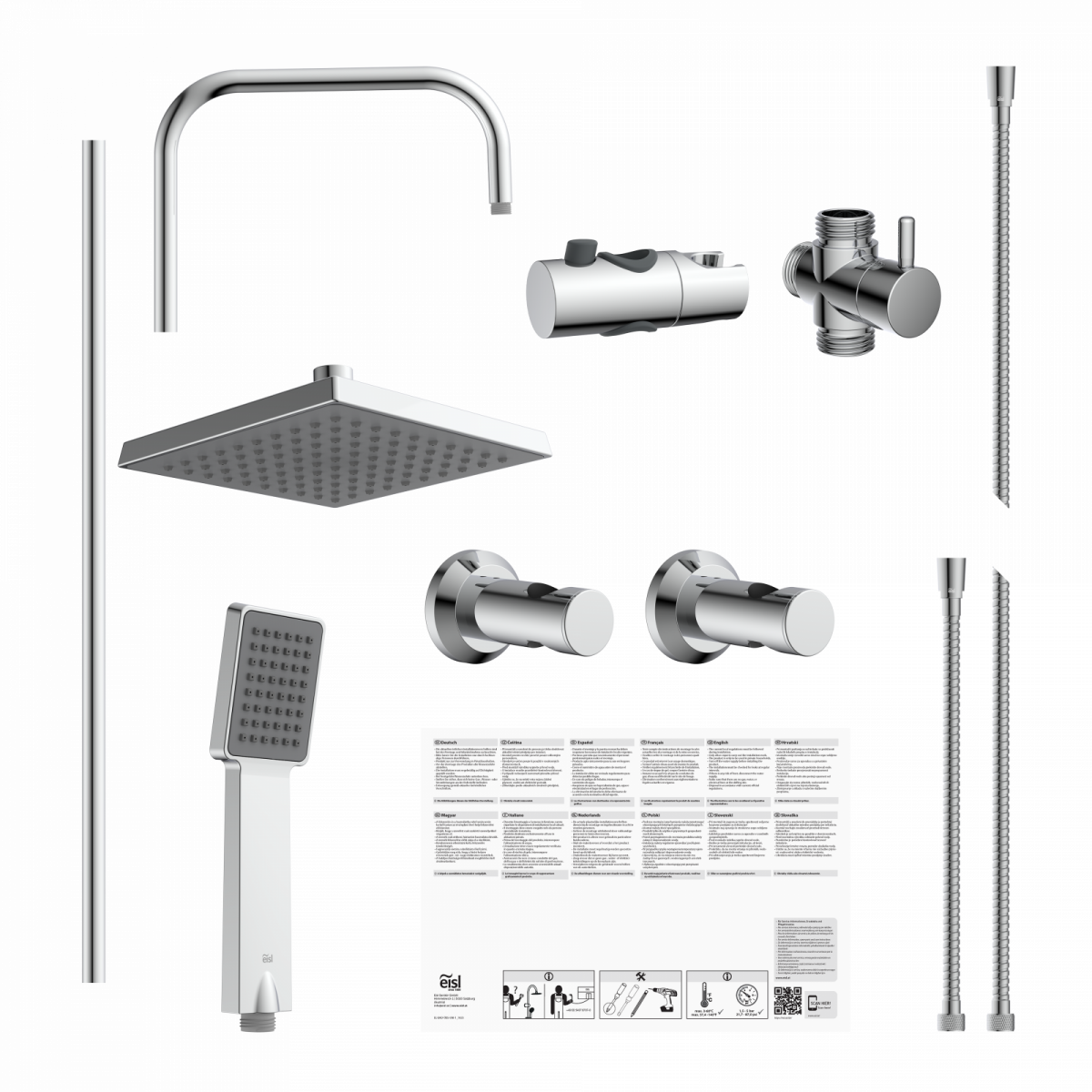 Duschsystem-Set aus Edelstahl mit Kopfbrause, Handbrause, Armaturen und Schläuchen.