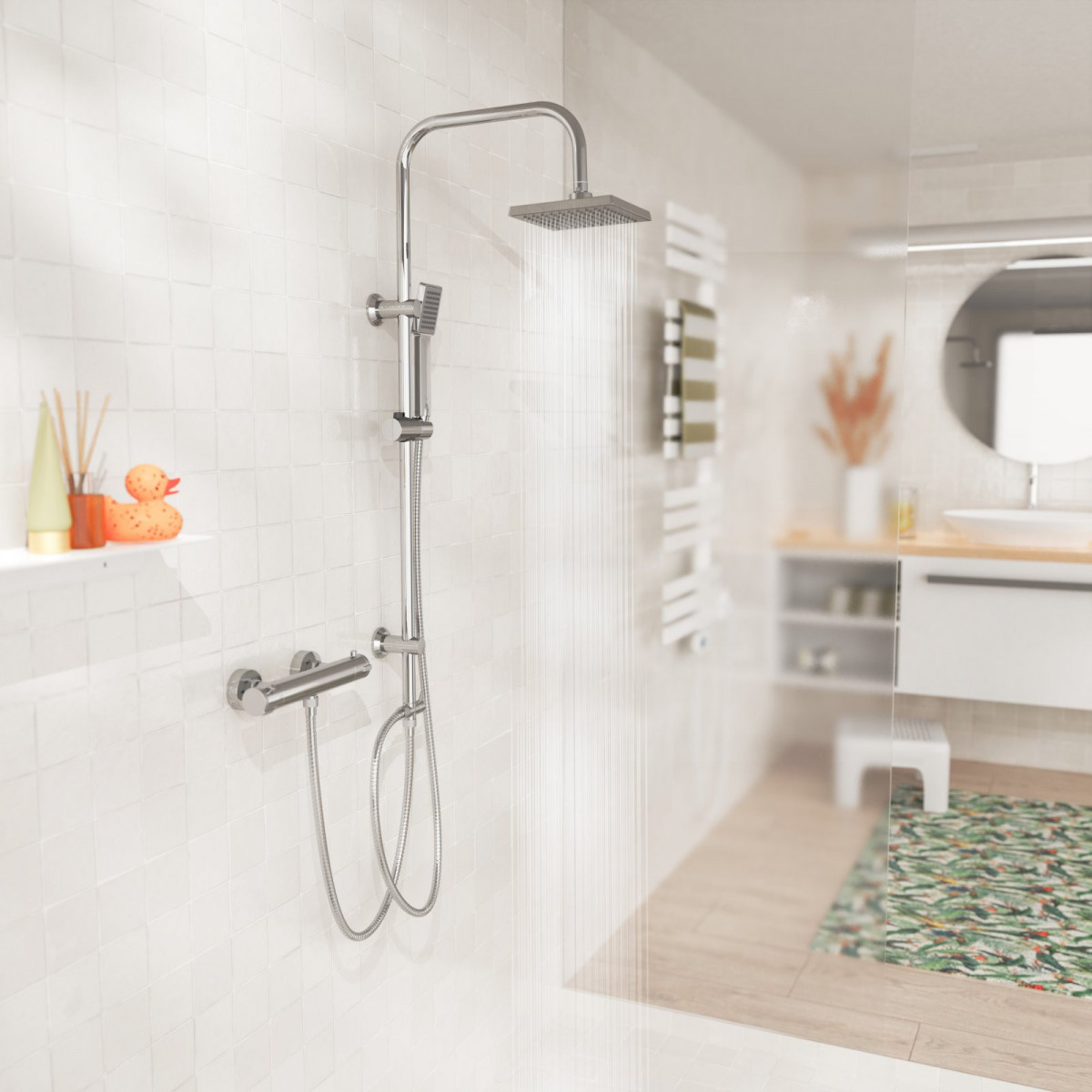 Duschsystem aus Edelstahl mit eckigem Duschkopf, Thermostat und Handbrause in heller Badezimmerumgebung