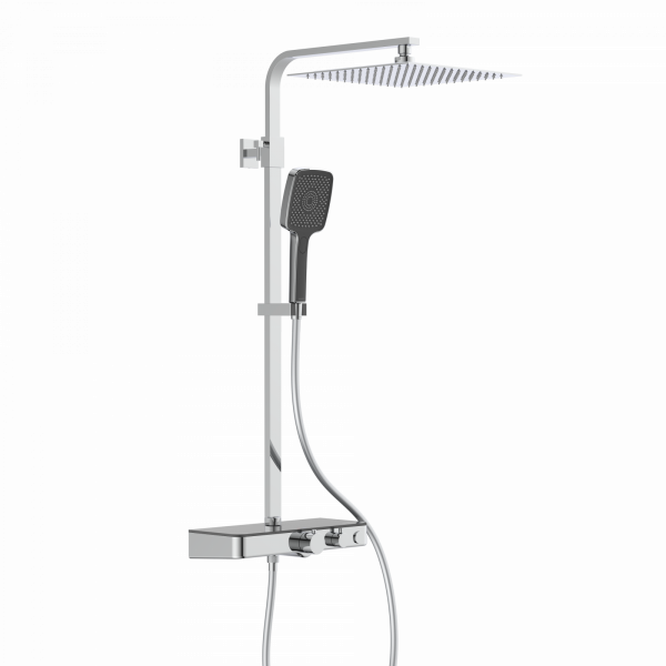 Duschsystem mit eckigem Duschkopf, Handbrause und verchromter Thermostatarmatur