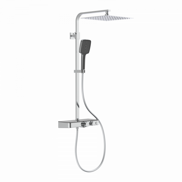 Chromfarbenes Duschsystem mit quadratischer Kopfbrause, Handbrause und Thermostatarmatur.