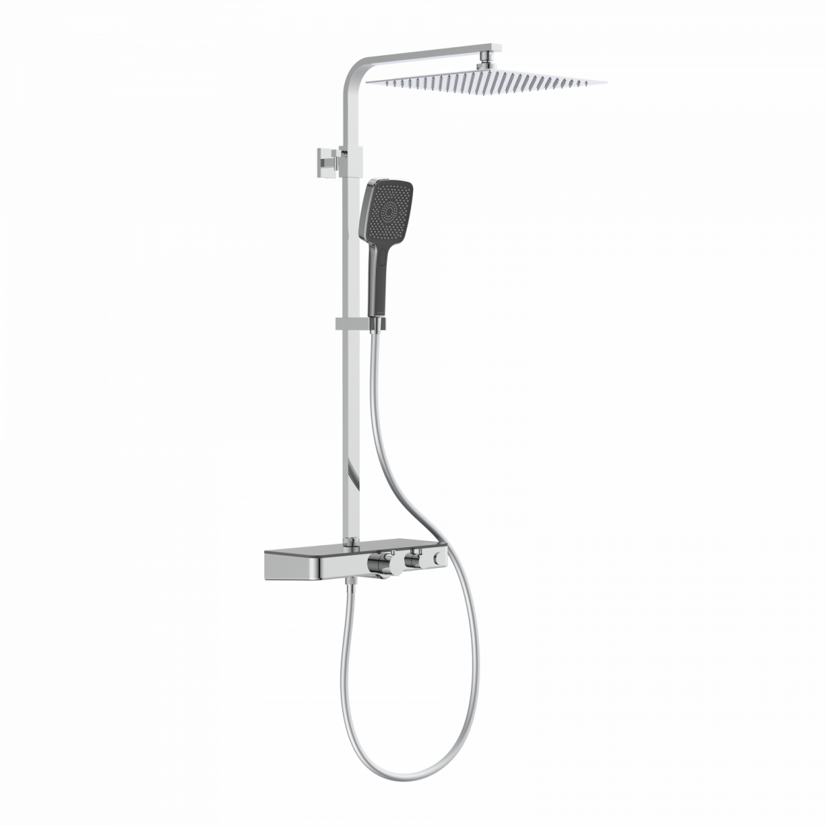 Chromfarbenes Duschsystem mit quadratischer Kopfbrause, Handbrause und Thermostatarmatur.