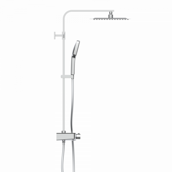 Chromfarbenes Duschsystem mit eckiger Kopfbrause, Handbrause und Thermostatarmatur.