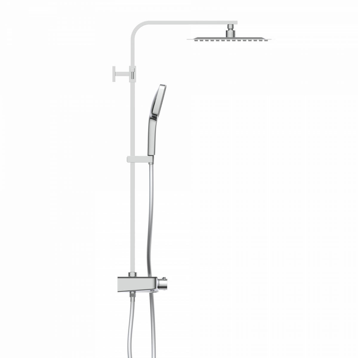 Chromfarbenes Duschsystem mit eckiger Kopfbrause, Handbrause und Thermostatarmatur.
